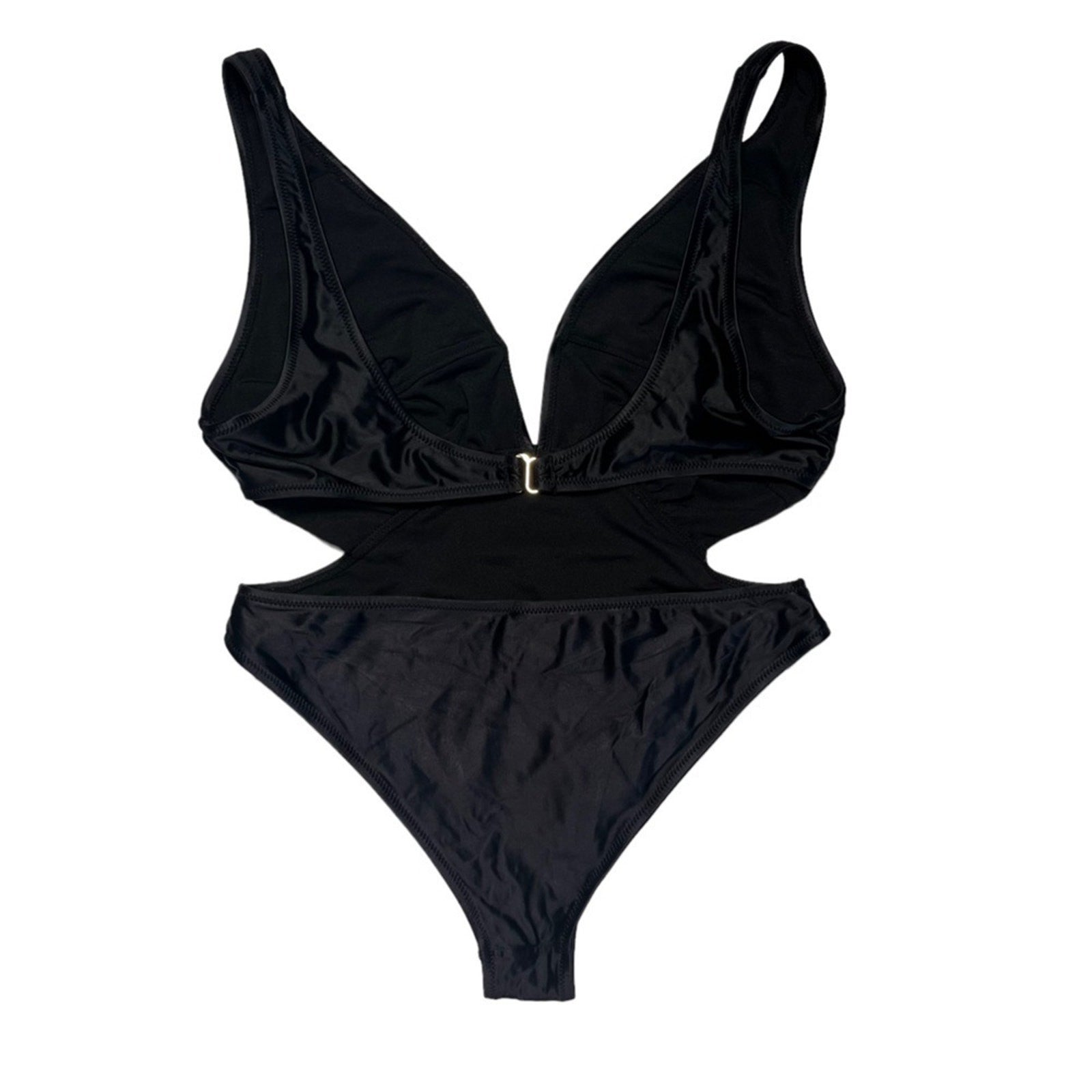 Womens Swimsuit One Piece Black Size Large Cutout Plunging Neck High Thigh