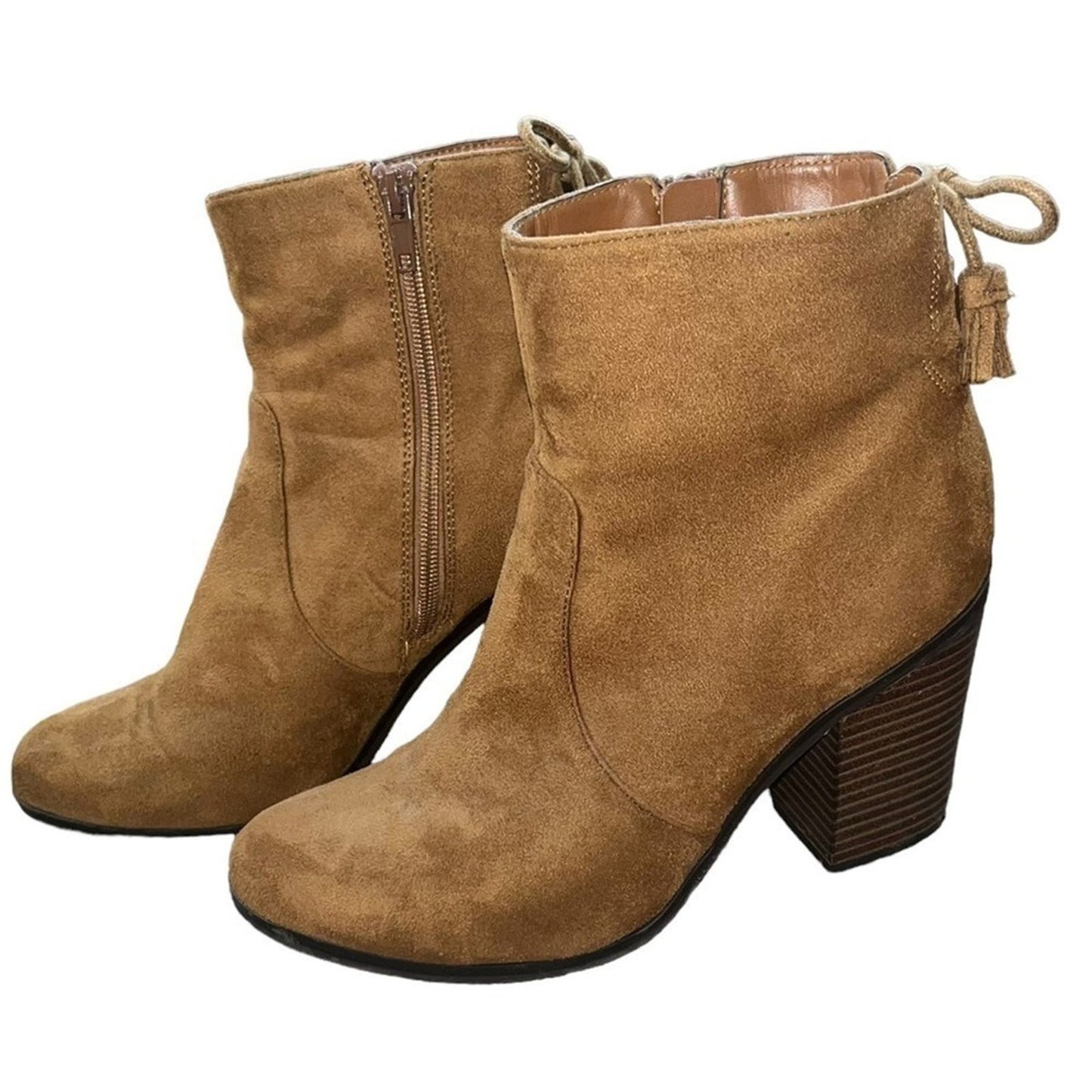 Parker & Sky Ankle Boots Size 8.5 Cognac Brown Faux Suede Block Heel 3.5” Zip
