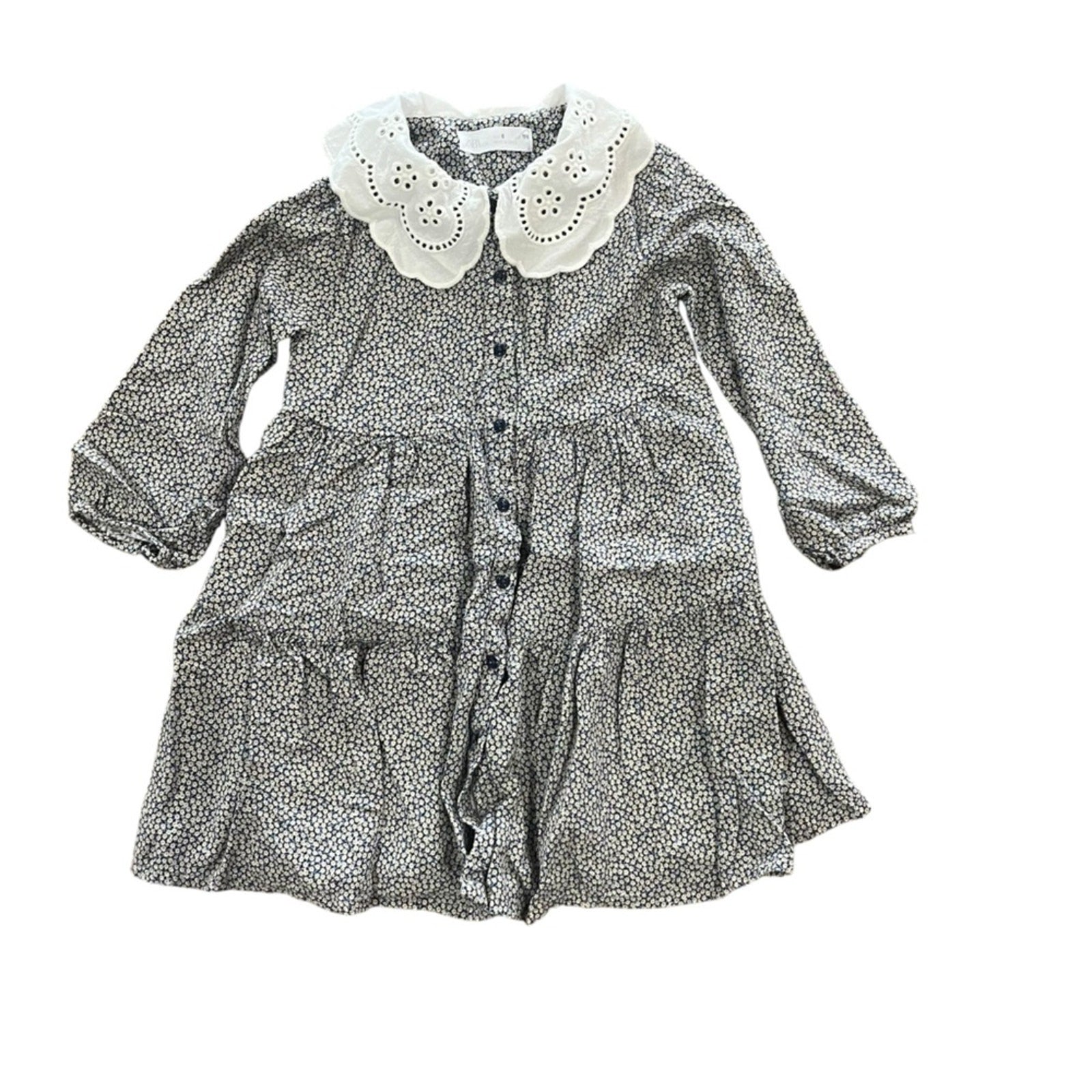 ZARA Kids Dress Size 6 Floral Peter Pan Collar Long Sleeve Front Buttons Lining