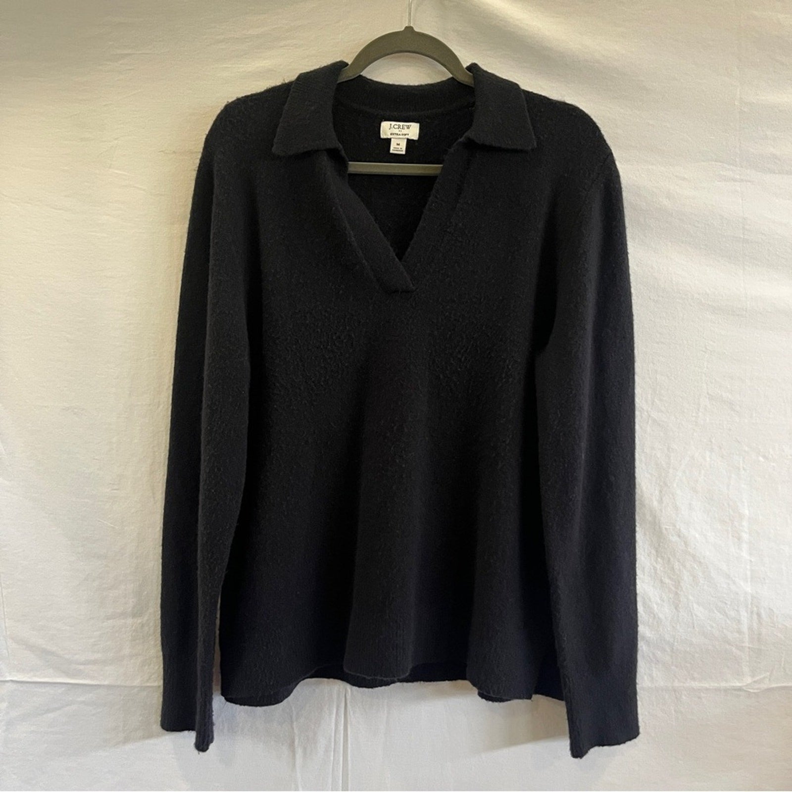J Crew Sweater Polo Women Size Medium Black Extra Soft Yarn Premium Plain V Neck