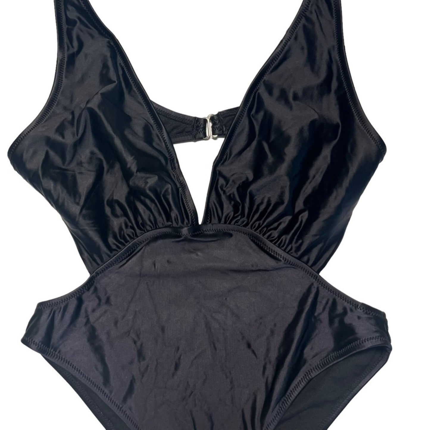 Womens Swimsuit One Piece Black Size Large Cutout Plunging Neck High Thigh