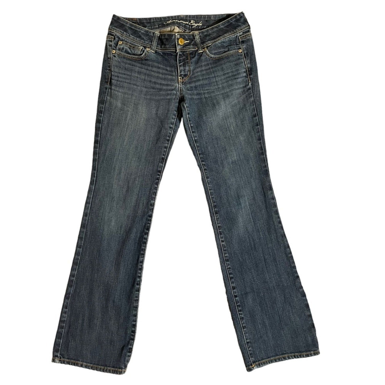 American Eagle Slim Boot Stretch Jeans Womens Size 8 Blue Dark Wash Whiskered 