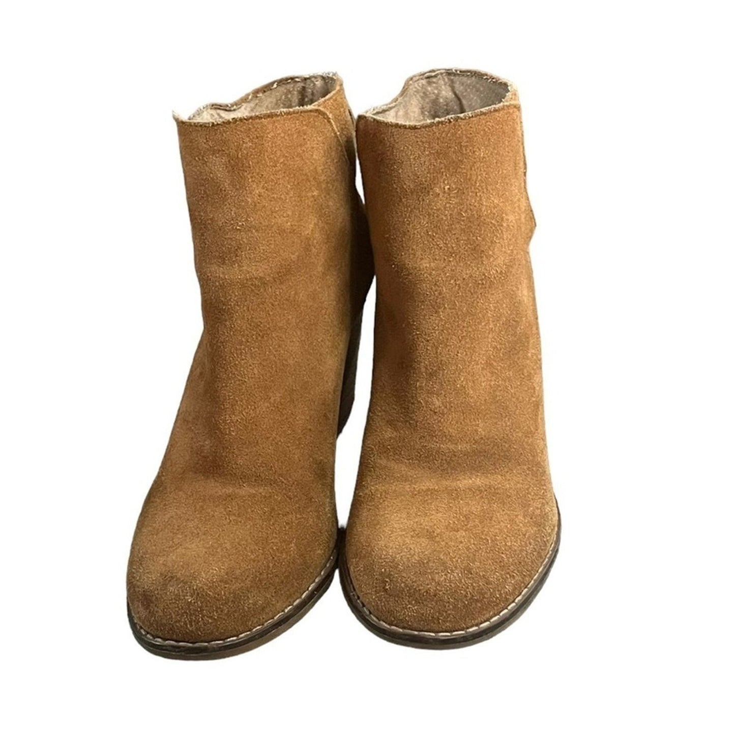 Lucky Brand Ankle Boots Womens Size 8.5 Pull On 3.25” Wedge Cognac Brown Suede  