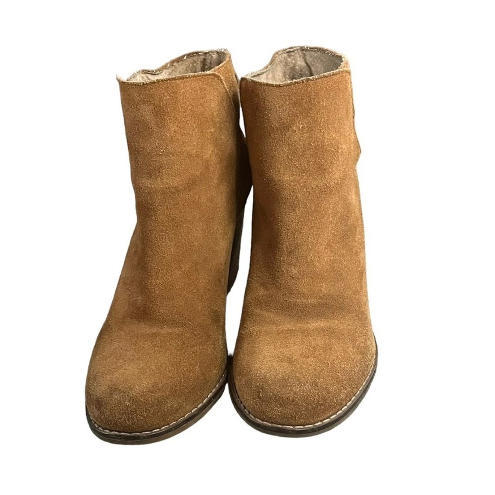 Lucky Brand Ankle Boots Womens Size 8.5 Pull On 3.25” Wedge Cognac Brown Suede  