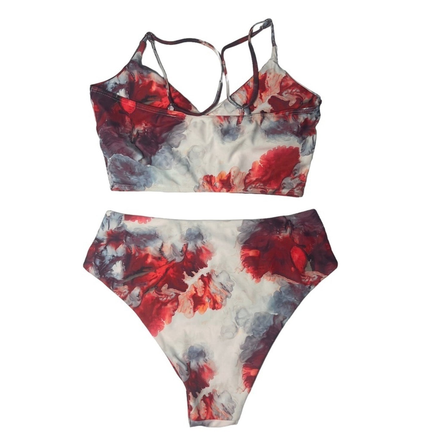 ROMWE Womens Bikini Swimsuit Size Small Red Black Tie Dye Split Thigh High