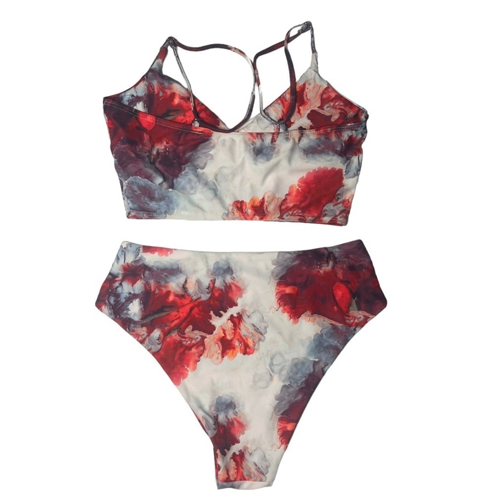 ROMWE Womens Bikini Swimsuit Size Small Red Black Tie Dye Split Thigh High