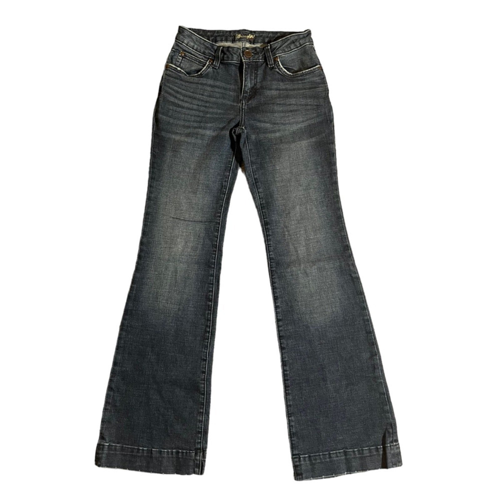Wrangler Retro Mid Rise Wide Leg Trouser Jeans Womens Size 3x34 Whiskered Long