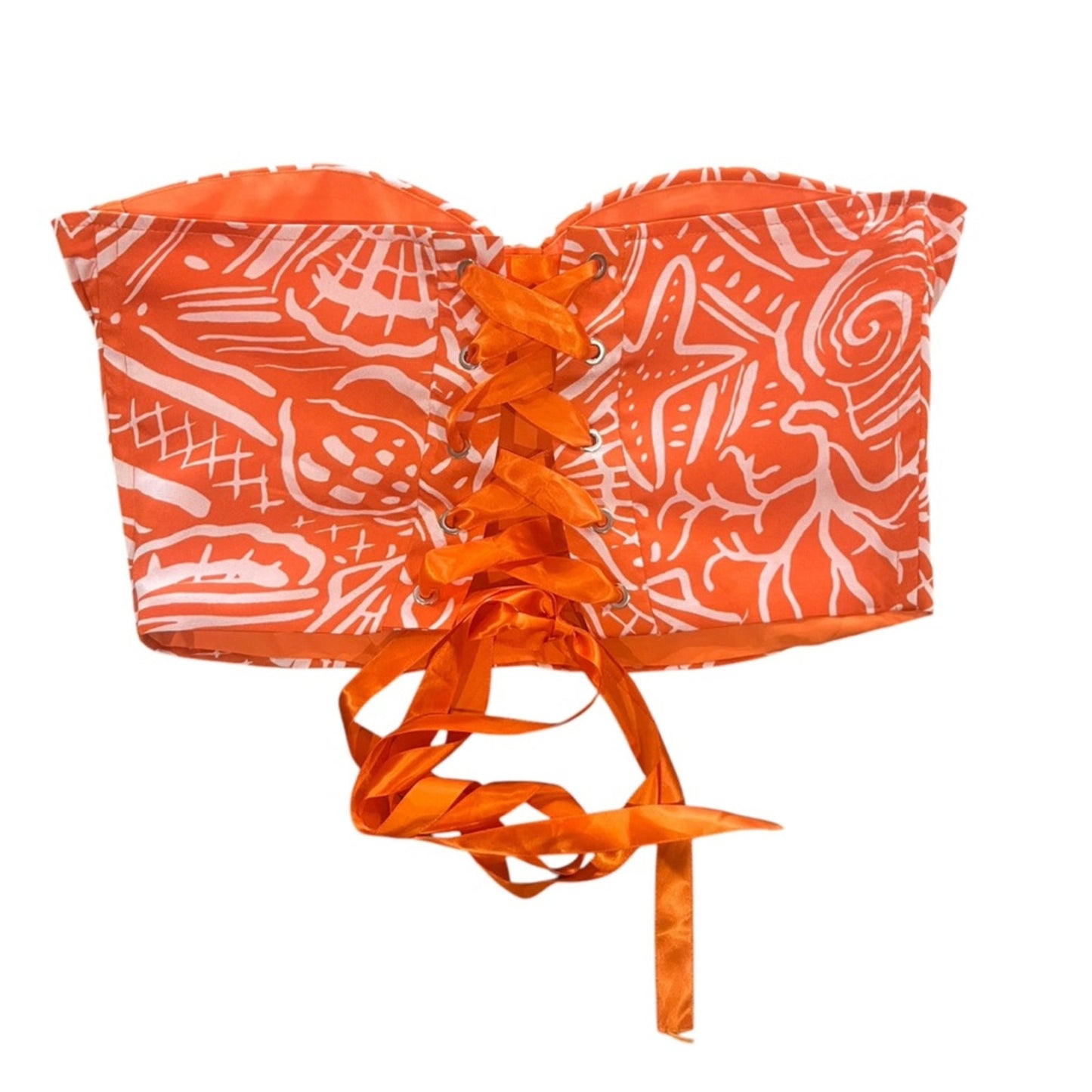 Shein Bustier Strapless Crop Top Size Large White Orange  Ribbon Tie Back