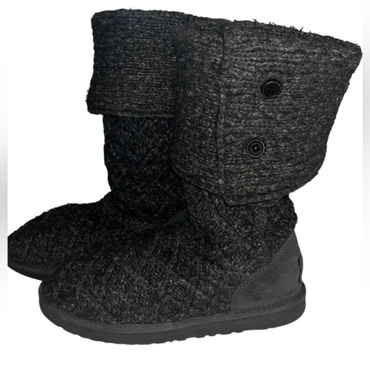 UGG Shearling Boots Womens Size 7 Gray Classic Long Sheepskin Lattice Knit 