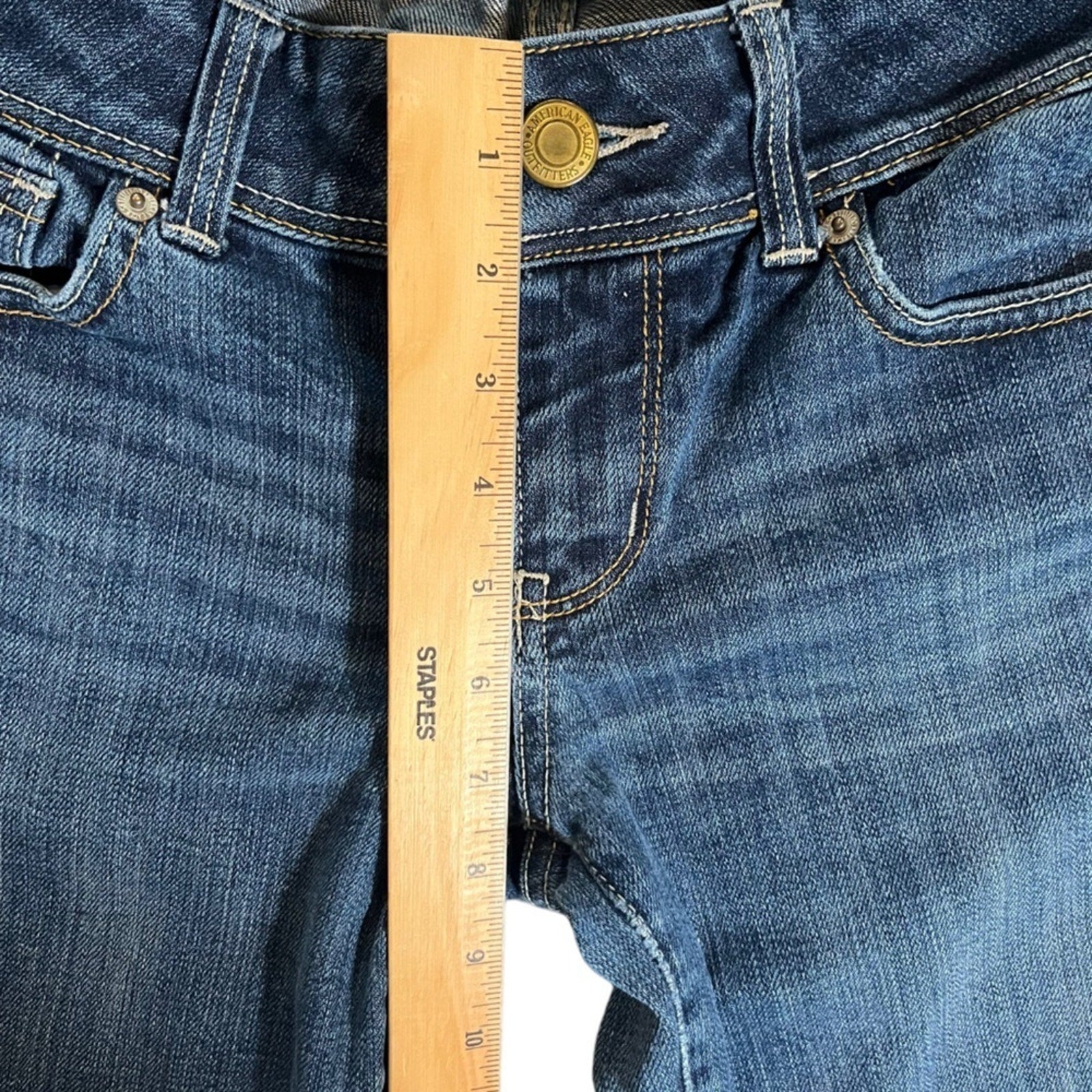 American Eagle Slim Boot Stretch Jeans Womens Size 8 Blue Dark Wash Whiskered 