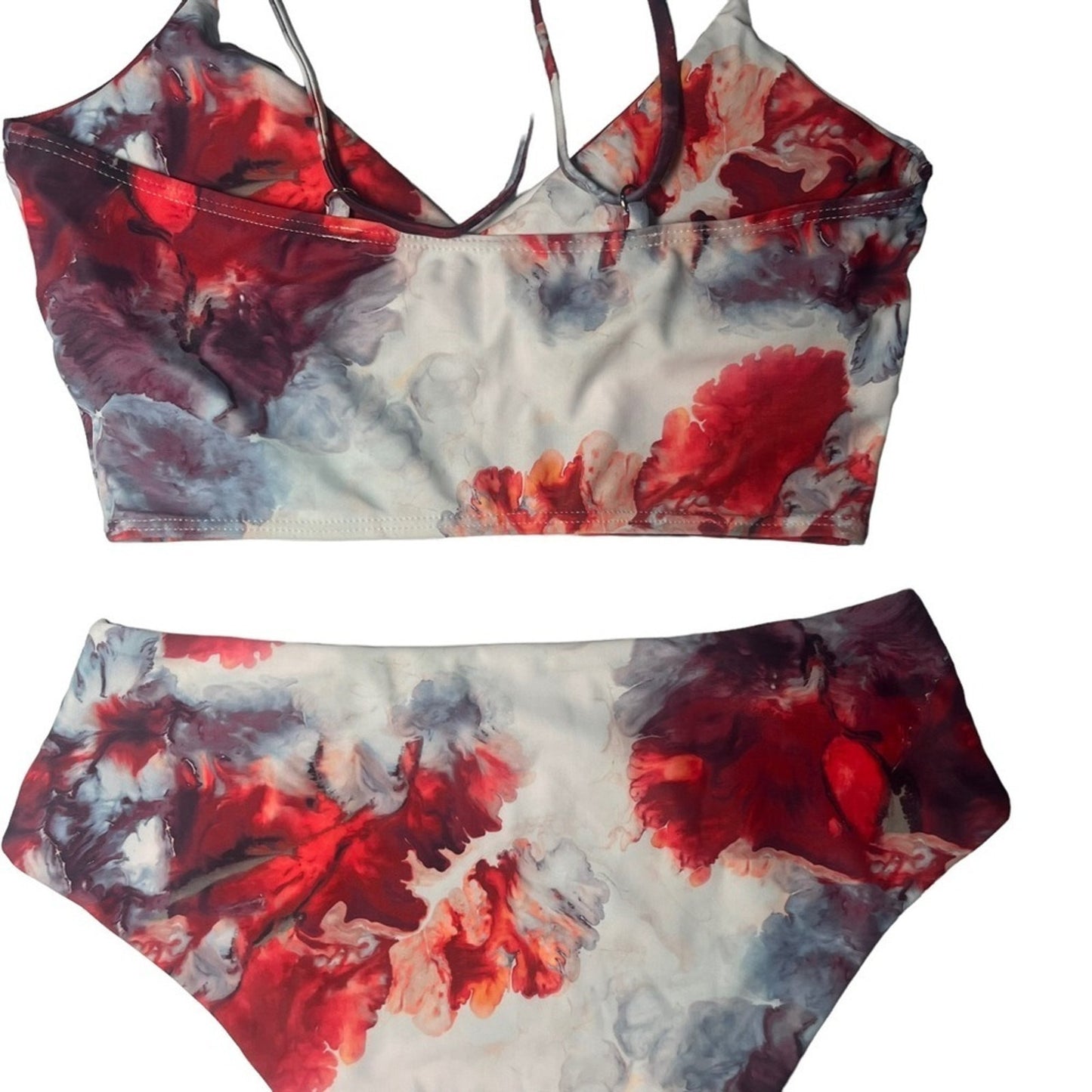 ROMWE Womens Bikini Swimsuit Size Small Red Black Tie Dye Split Thigh High