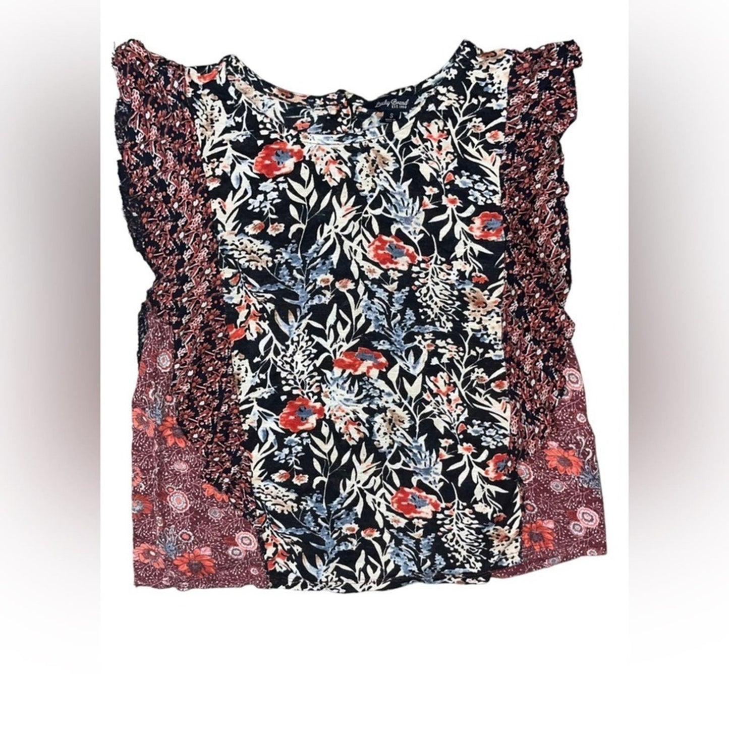 Lucky Brand Mixed Print Blouse Womens Size Small Back Button Ruffle Boho Chic