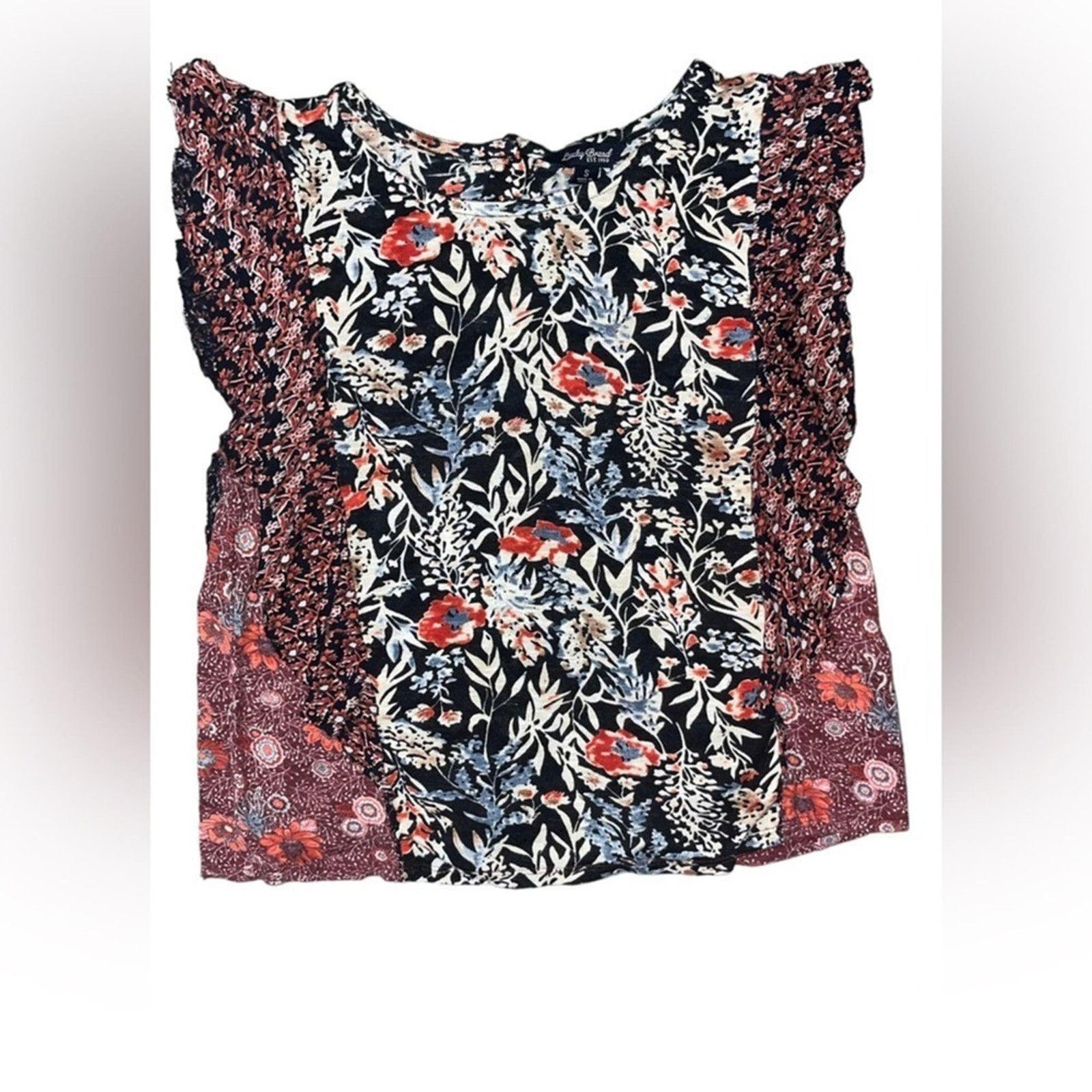 Lucky Brand Mixed Print Blouse Womens Size Small Back Button Ruffle Boho Chic