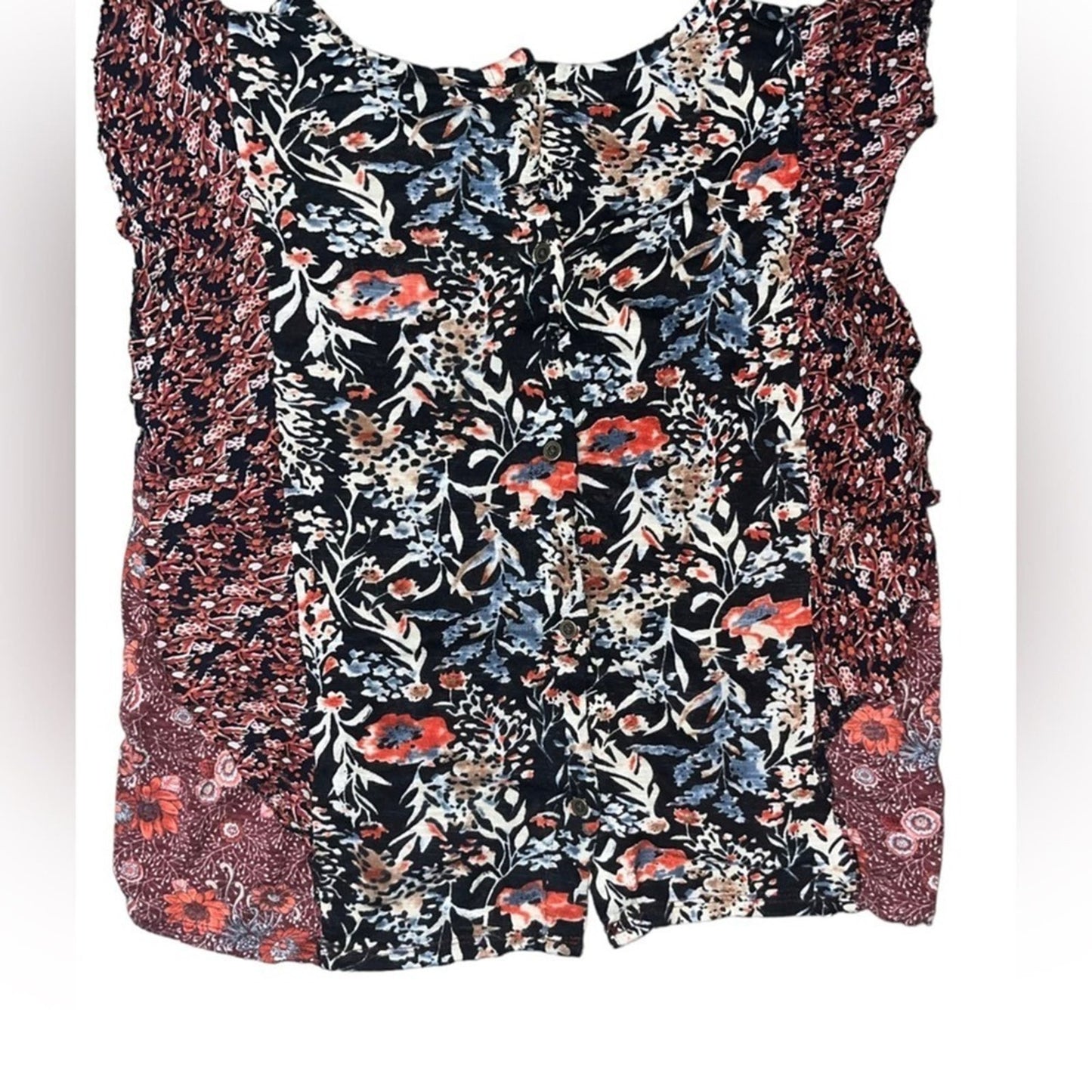 Lucky Brand Mixed Print Blouse Womens Size Small Back Button Ruffle Boho Chic