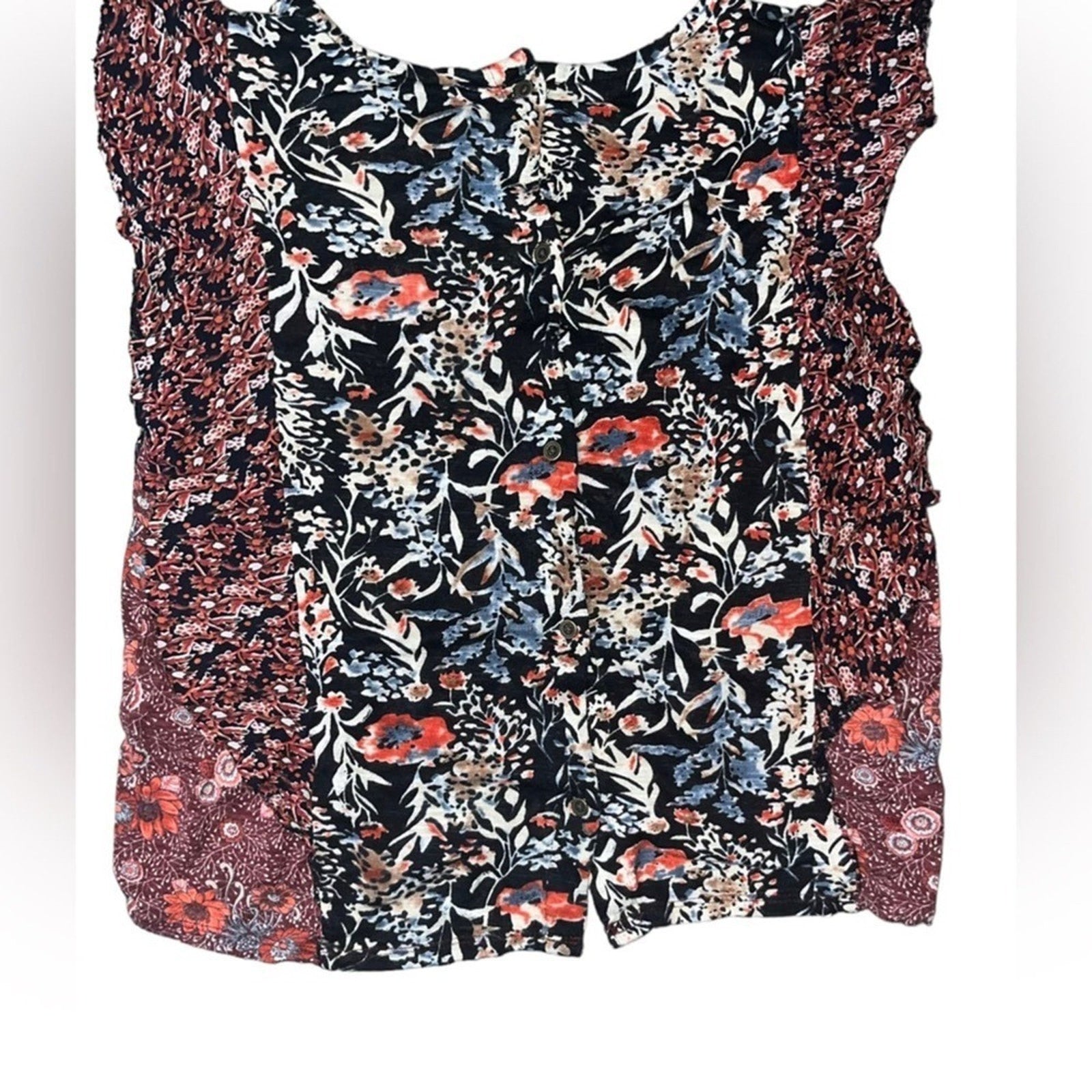 Lucky Brand Mixed Print Blouse Womens Size Small Back Button Ruffle Boho Chic
