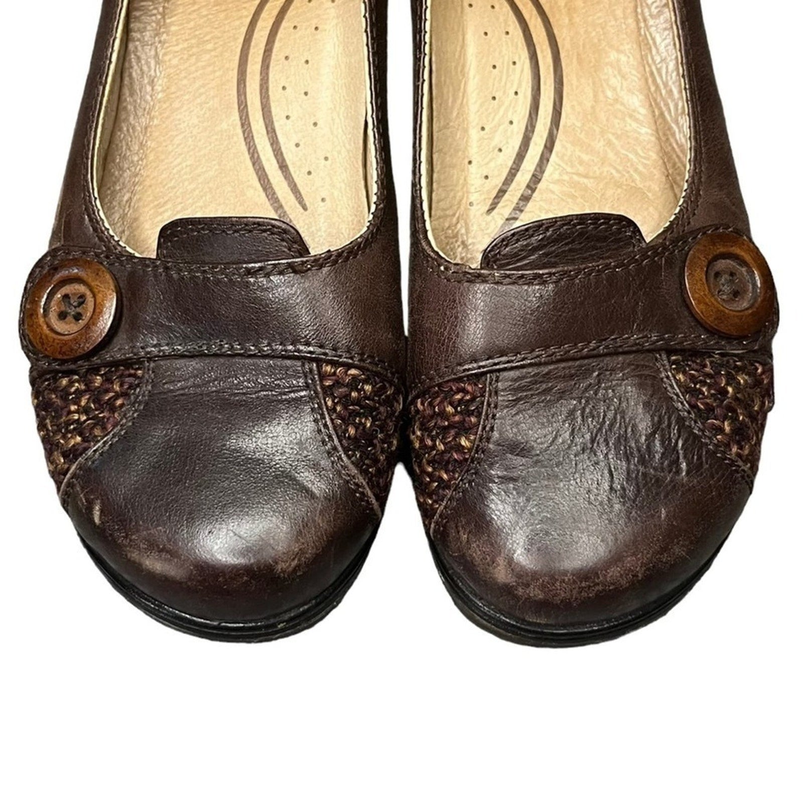 Dansko Pam Women Size 37 Brown Flats Leather Button Wedge Heel Flat 