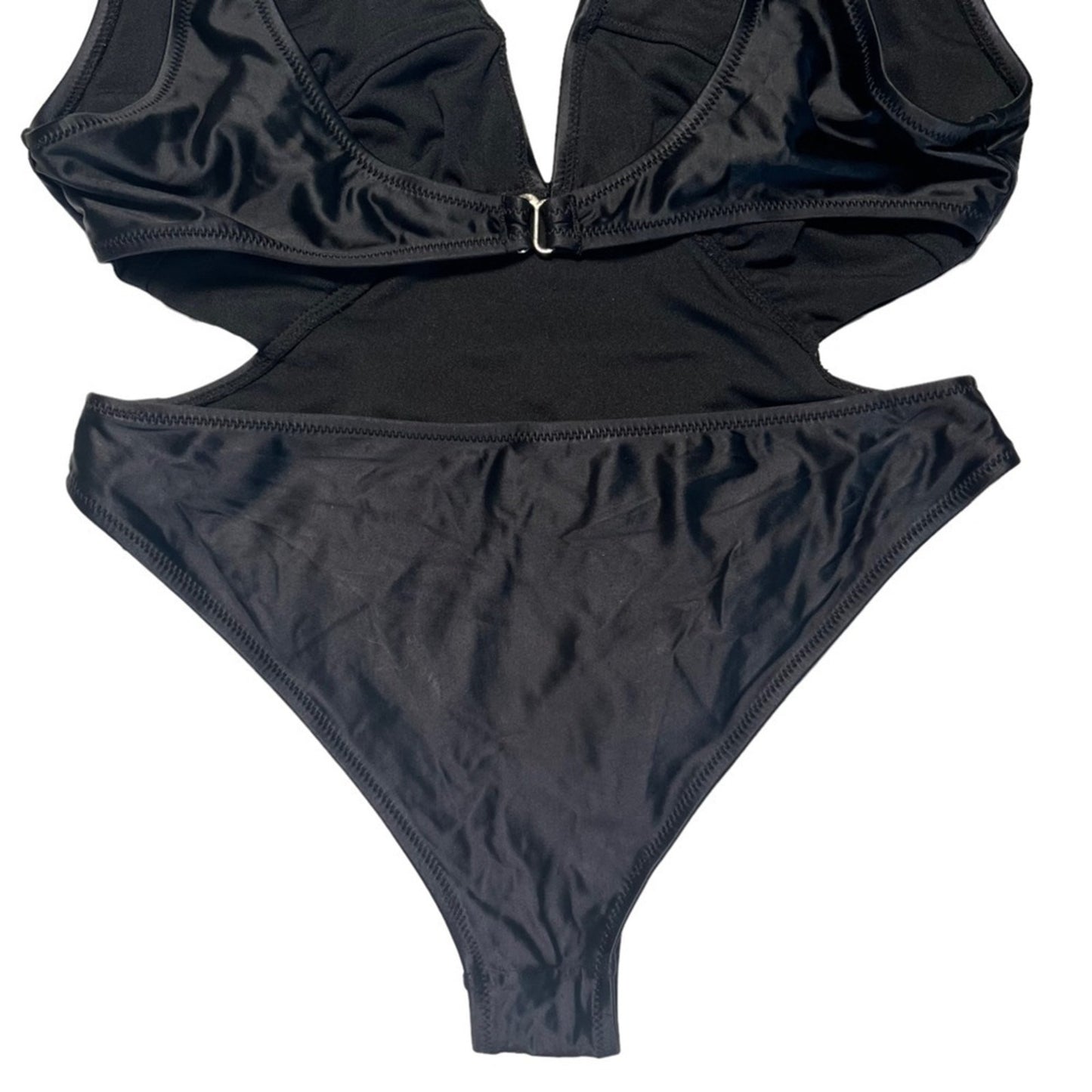 Womens Swimsuit One Piece Black Size Large Cutout Plunging Neck High Thigh