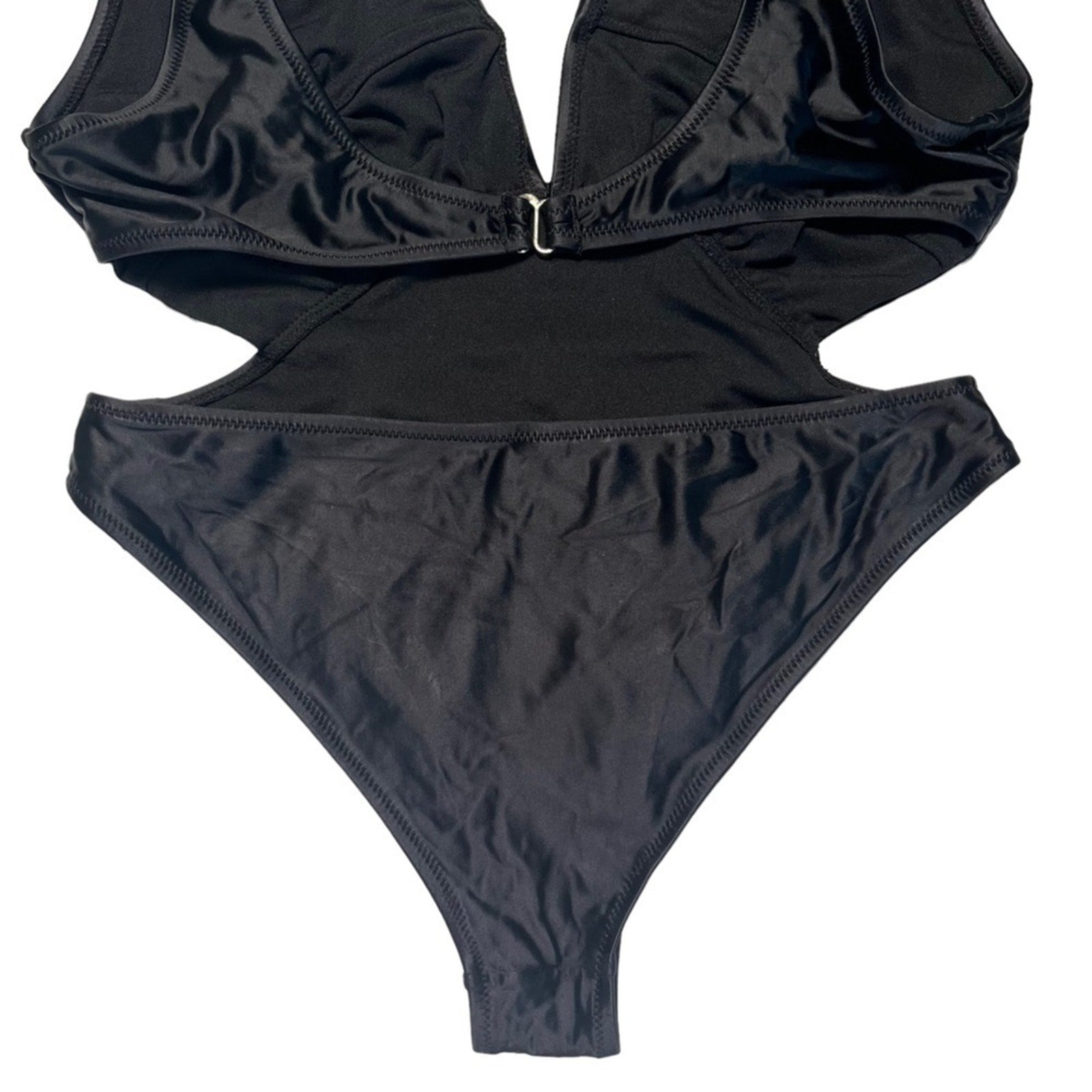 Womens Swimsuit One Piece Black Size Large Cutout Plunging Neck High Thigh