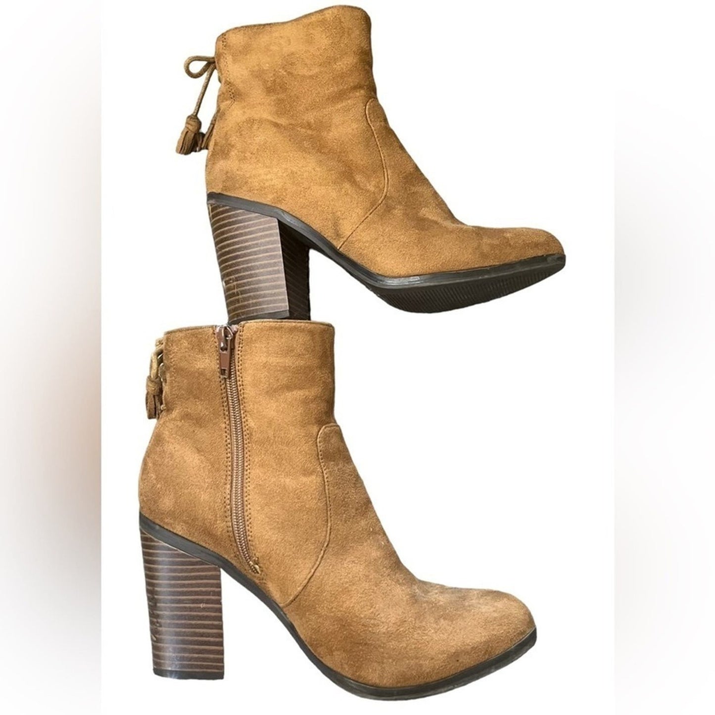 Parker & Sky Ankle Boots Size 8.5 Cognac Brown Faux Suede Block Heel 3.5” Zip