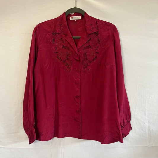 Vintage 100% Chinese Silk Peony Hand Embroidered Dark Red Burgandy Blouse 38