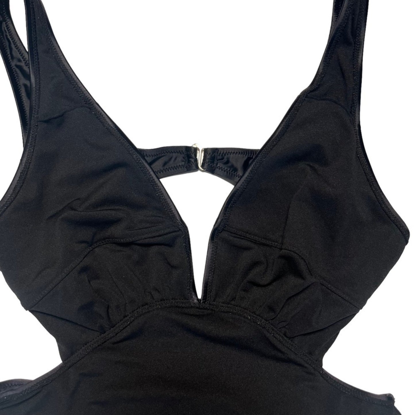 Womens Swimsuit One Piece Black Size Large Cutout Plunging Neck High Thigh