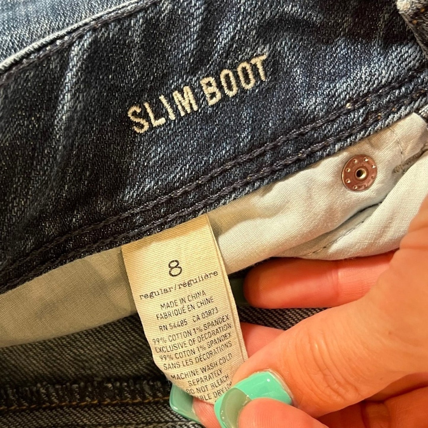 American Eagle Slim Boot Stretch Jeans Womens Size 8 Blue Dark Wash Whiskered 