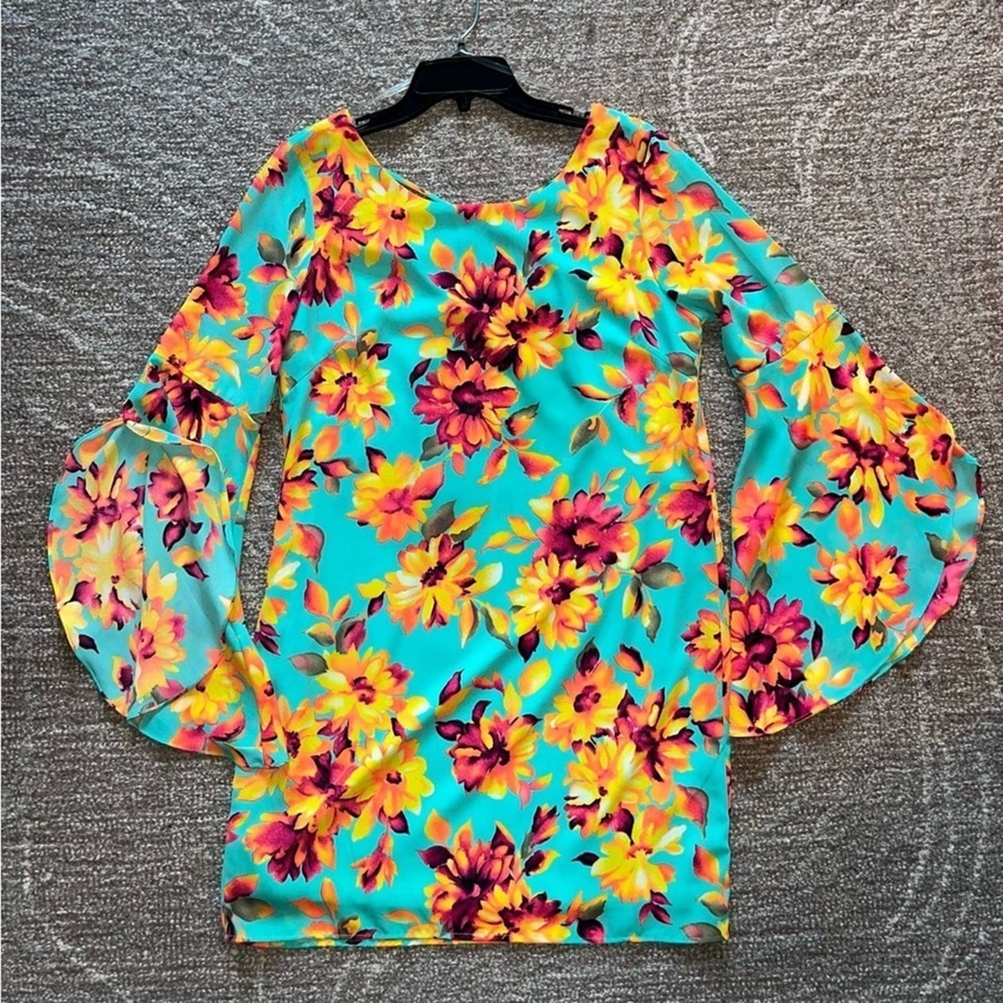 Womens Retro Dress Size Small Hippie Vibrant Floral Dress Flared Sleeves Teal