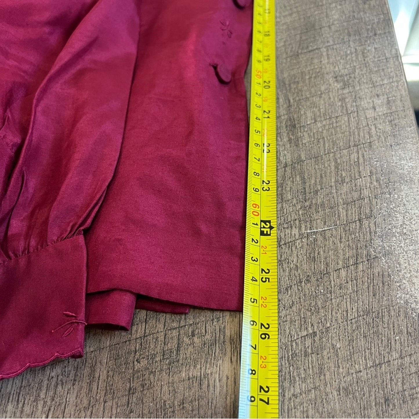 Vintage 100% Chinese Silk Peony Hand Embroidered Dark Red Burgandy Blouse 38