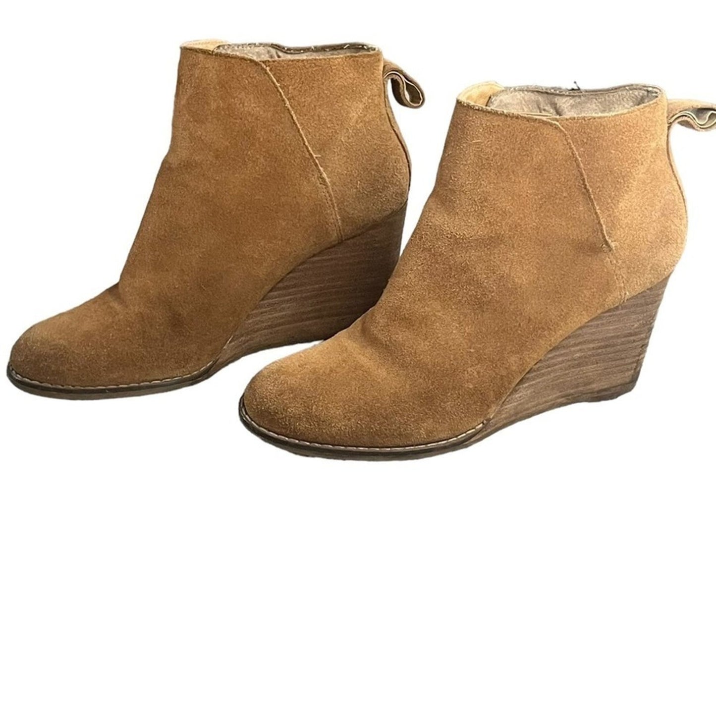 Lucky Brand Ankle Boots Womens Size 8.5 Pull On 3.25” Wedge Cognac Brown Suede  