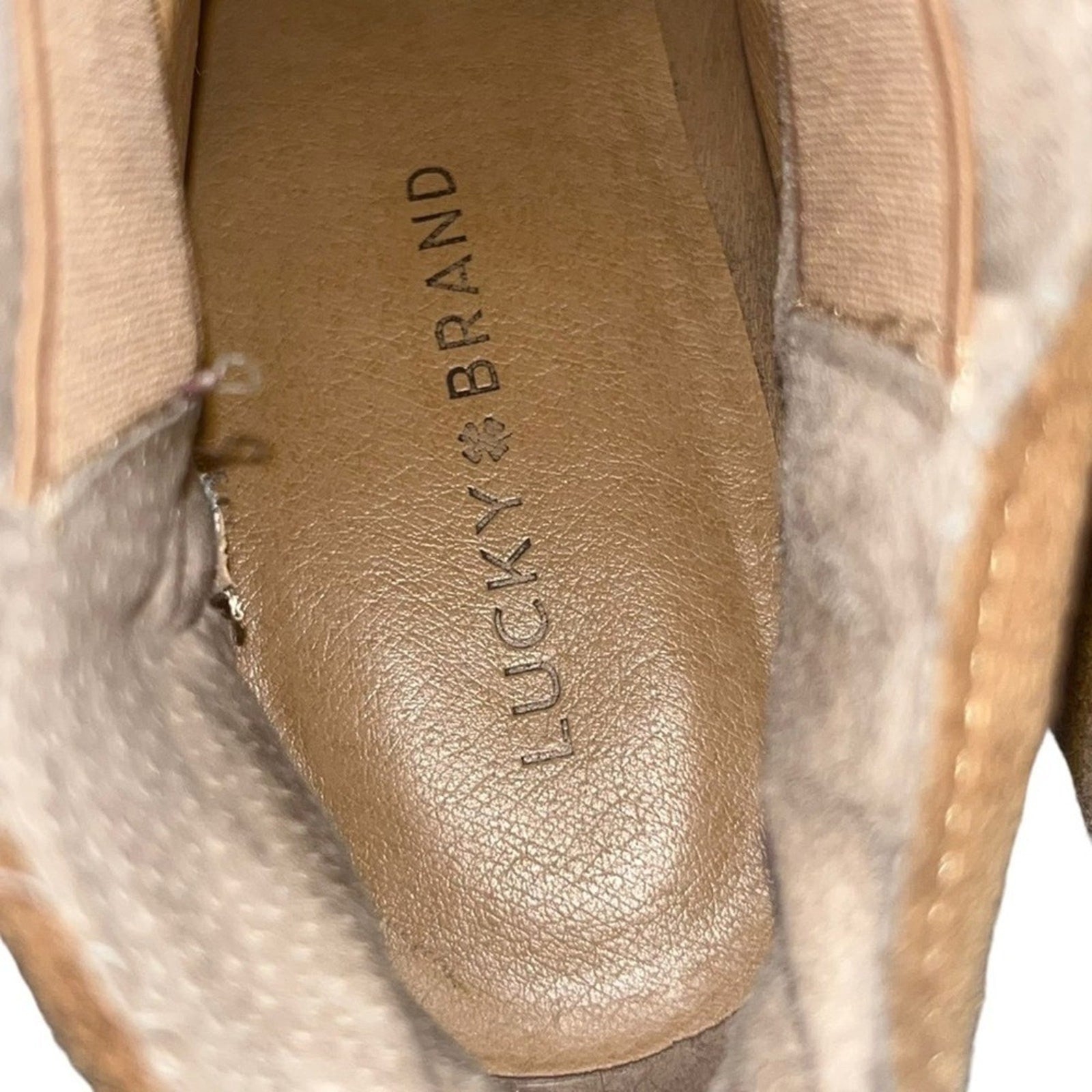 Lucky Brand Ankle Boots Womens Size 8.5 Pull On 3.25” Wedge Cognac Brown Suede  
