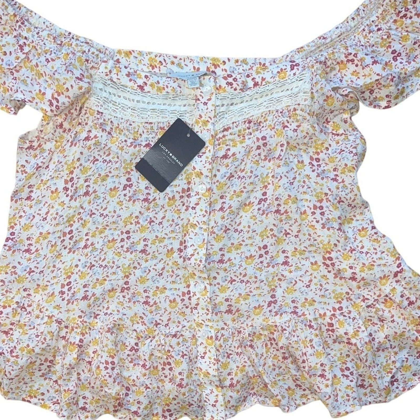 Lucky Brand Phoebe Crochet Trim Floral Top Womens Size XS Off Shoulder Boho NWT 