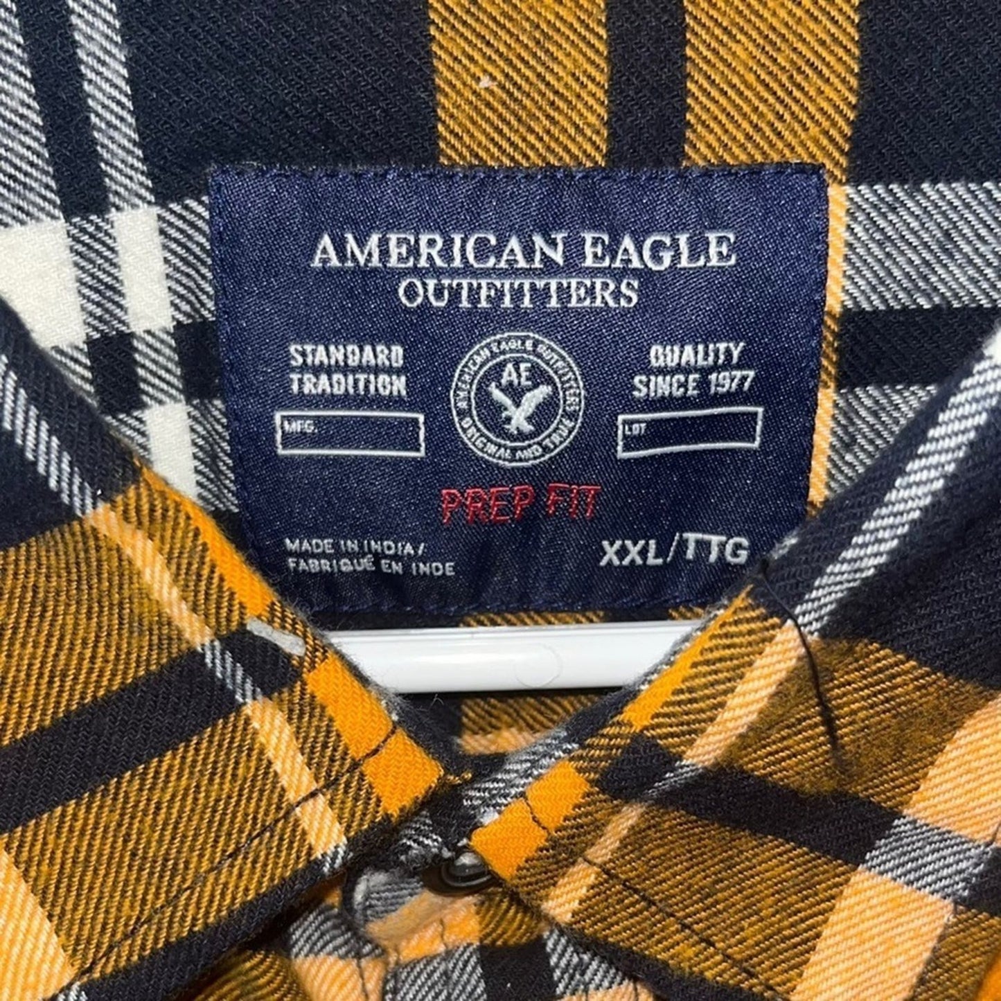 American Eagle Prep Fit Shirt Mens Size XXL Navy Orange Long Sleeve Button Down 