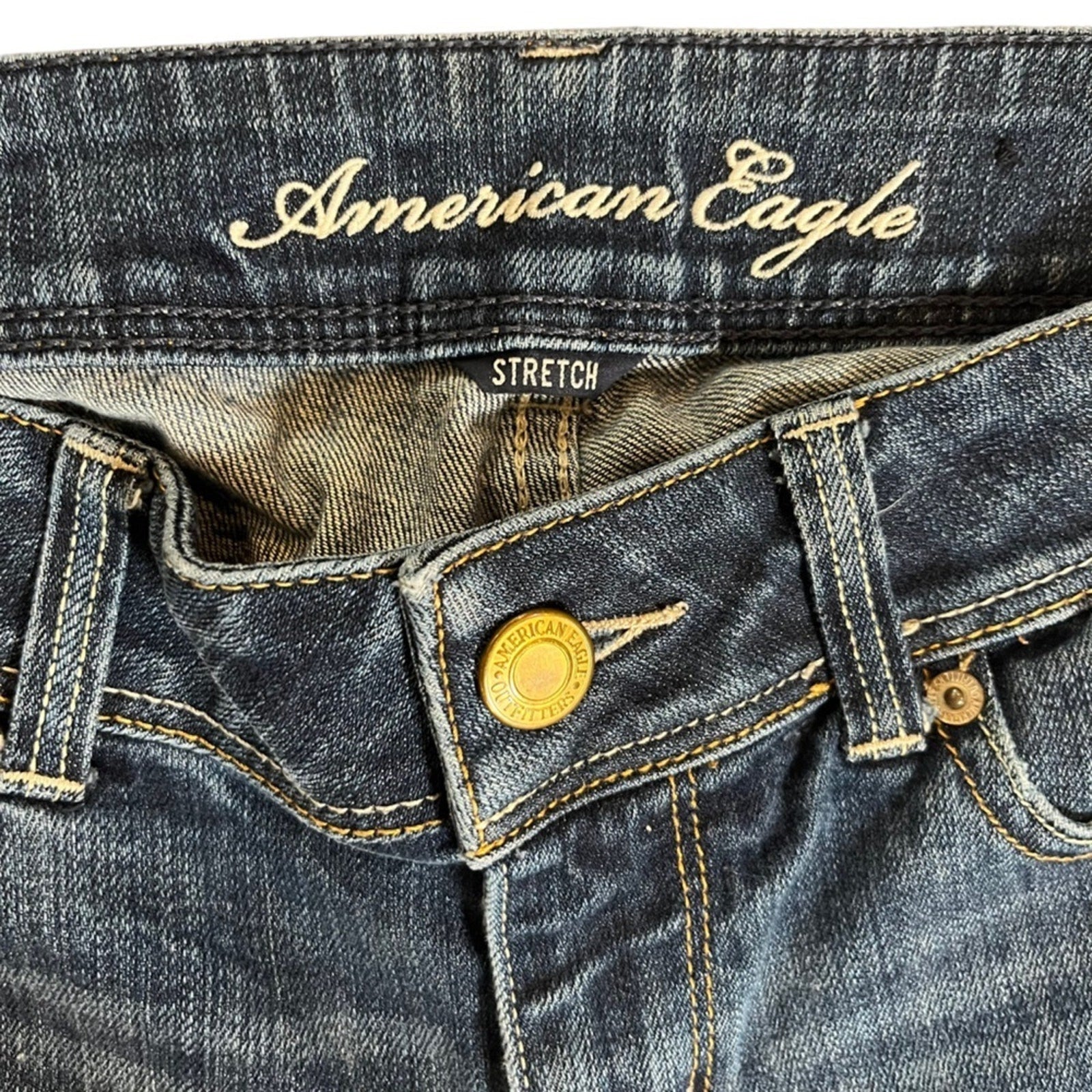 American Eagle Slim Boot Stretch Jeans Womens Size 8 Blue Dark Wash Whiskered 