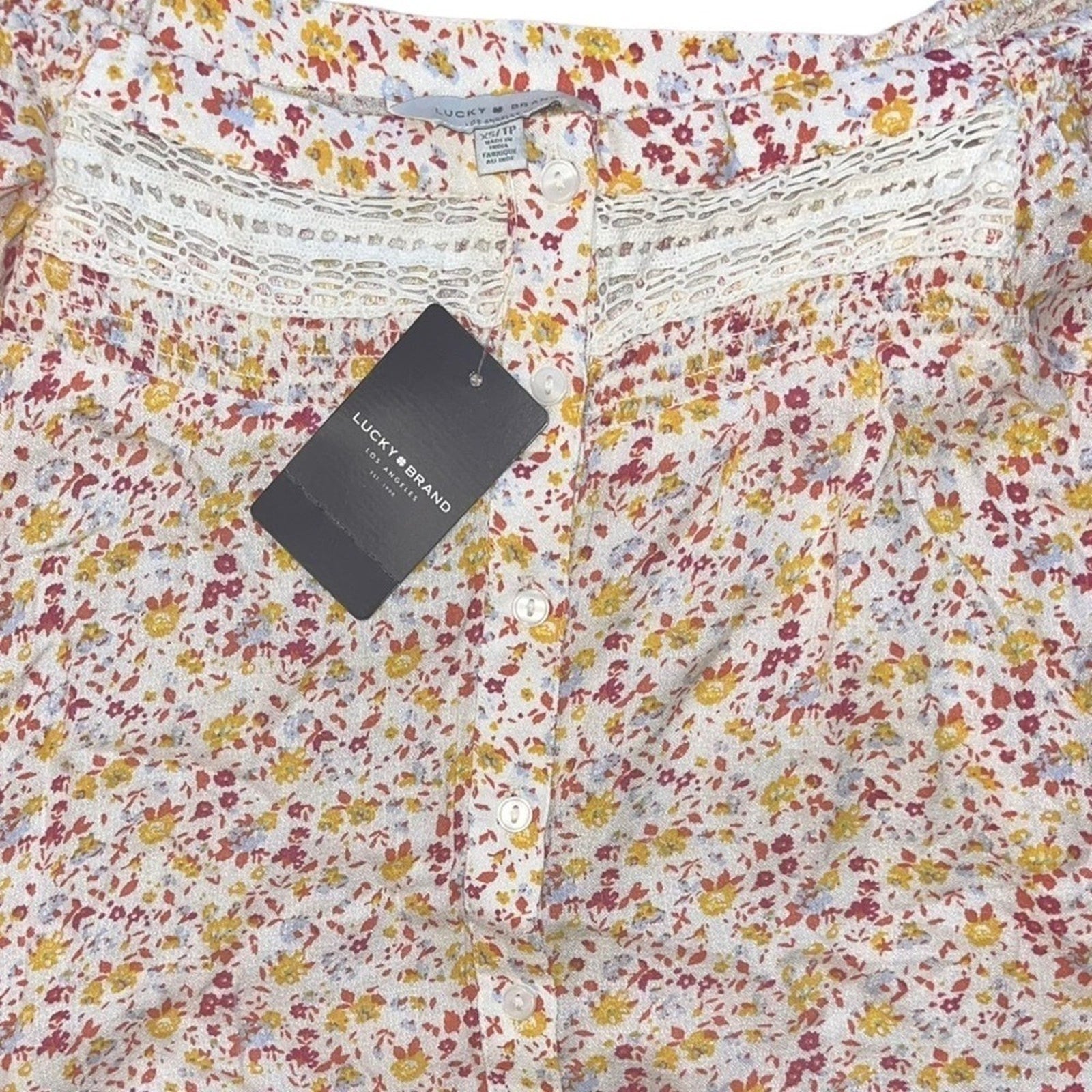 Lucky Brand Phoebe Crochet Trim Floral Top Womens Size XS Off Shoulder Boho NWT 