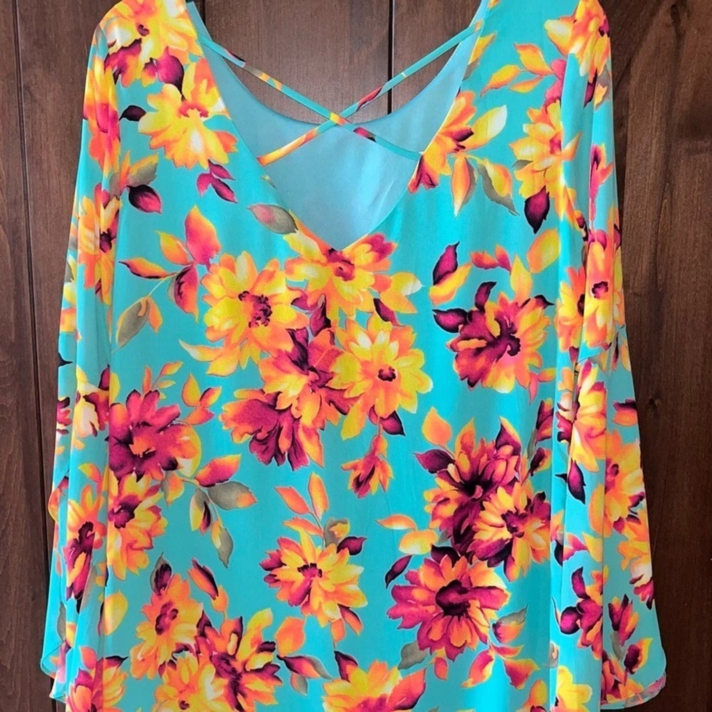 Womens Retro Dress Size Small Hippie Vibrant Floral Dress Flared Sleeves Teal