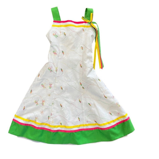 Bonnie Jean Girls Dress Size 6 White Embroidered Poplin Pink Yellow Lined Dress 