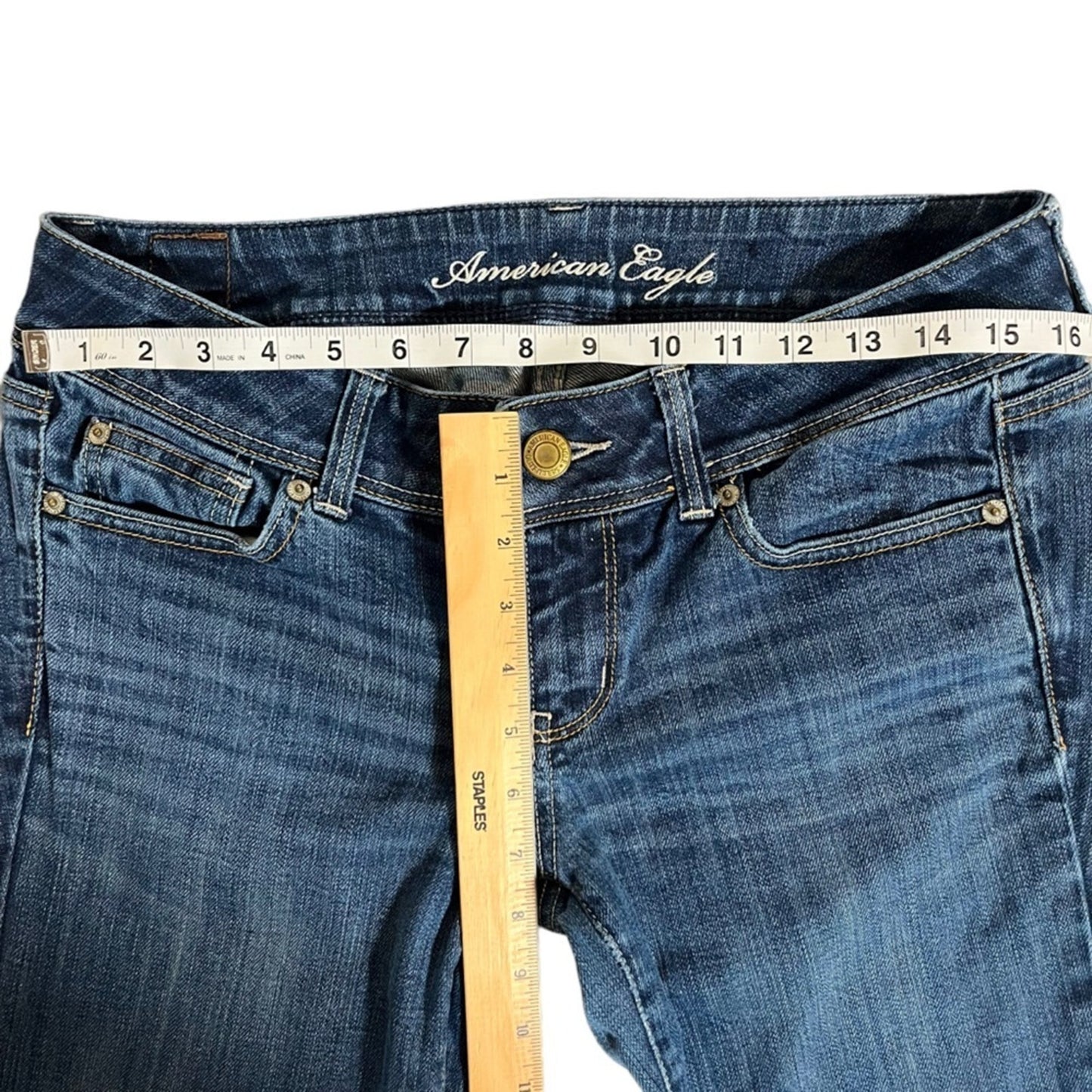 American Eagle Slim Boot Stretch Jeans Womens Size 8 Blue Dark Wash Whiskered 