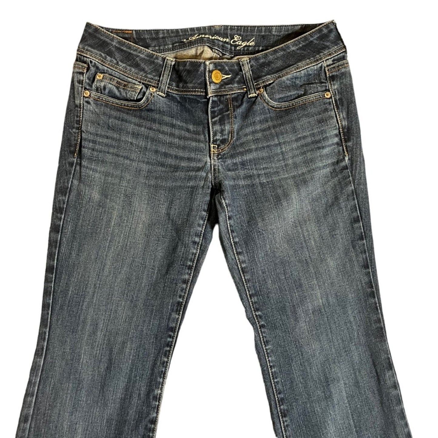 American Eagle Slim Boot Stretch Jeans Womens Size 8 Blue Dark Wash Whiskered 