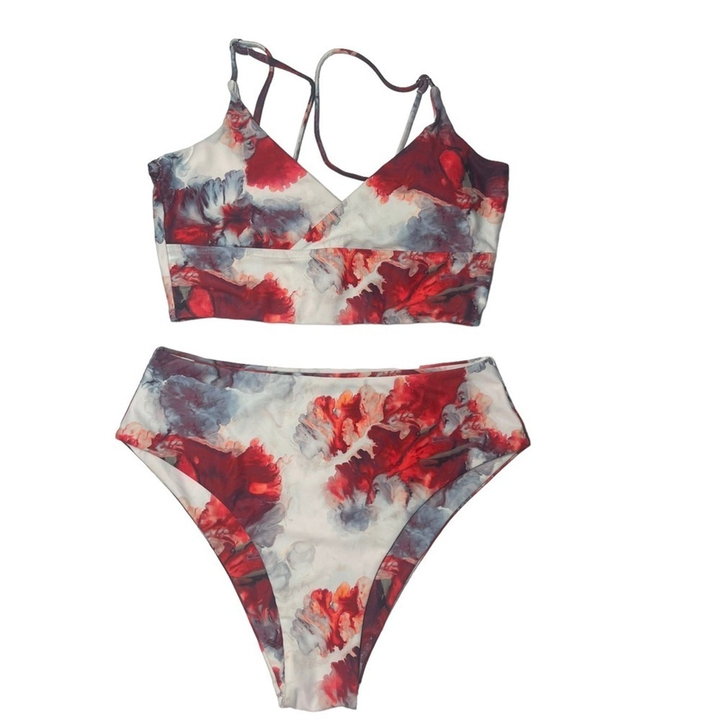 ROMWE Womens Bikini Swimsuit Size Small Red Black Tie Dye Split Thigh High