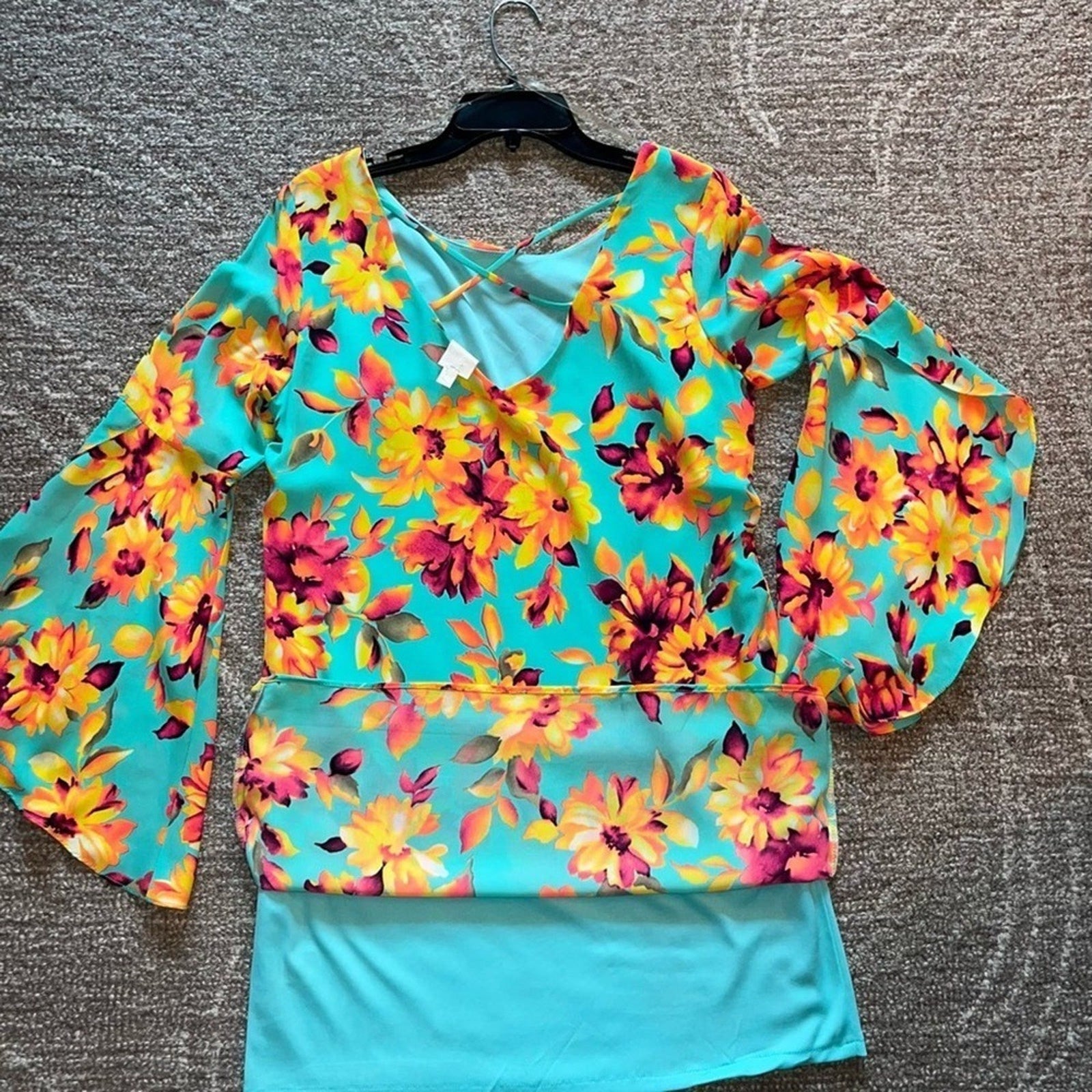 Womens Retro Dress Size Small Hippie Vibrant Floral Dress Flared Sleeves Teal