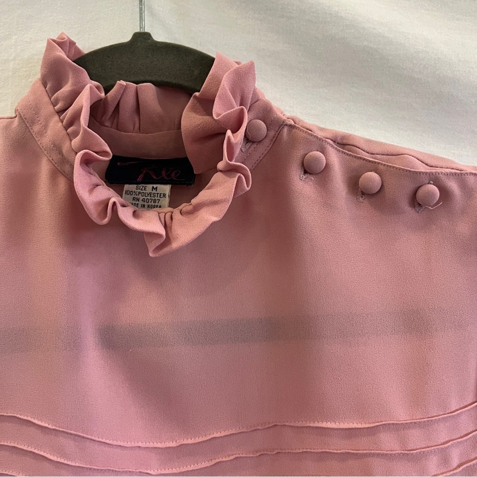 KLE Blouse Womens Size Medium Sheer Ruffle Neck Blush Pink Vintage Nostalgic 80s