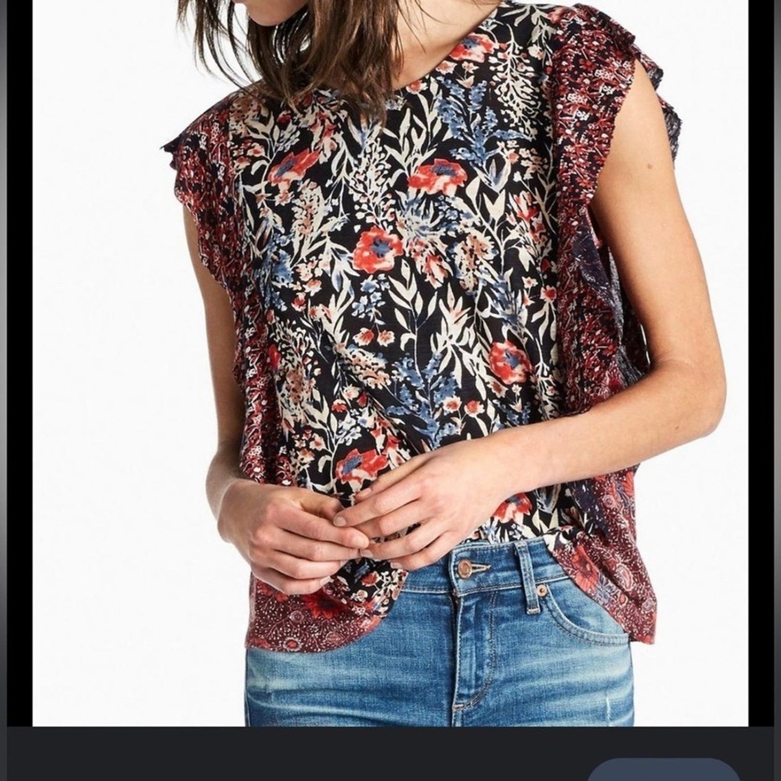 Lucky Brand Mixed Print Blouse Womens Size Small Back Button Ruffle Boho Chic