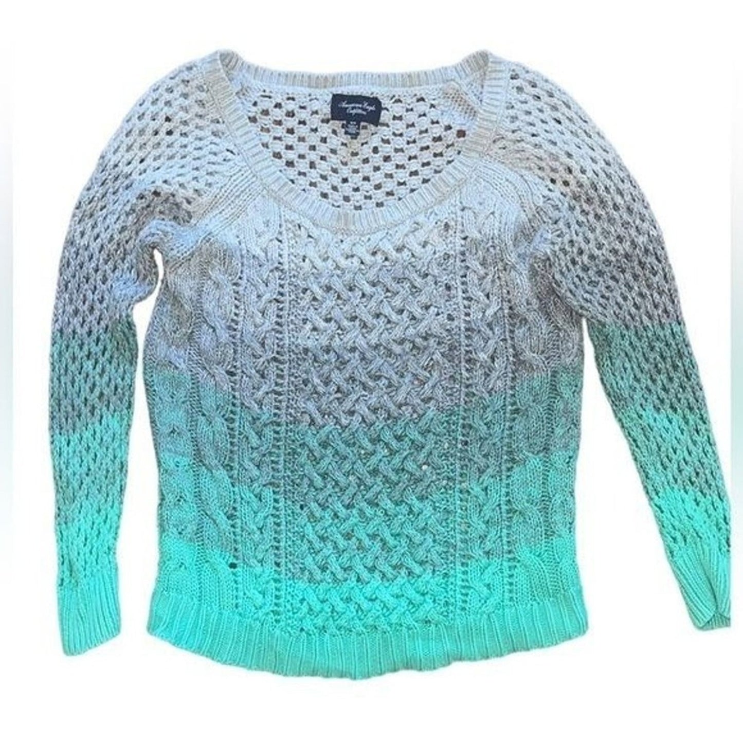 American Eagle Cable Knit Sweater Womens Size Medium Gray Green Ombré 