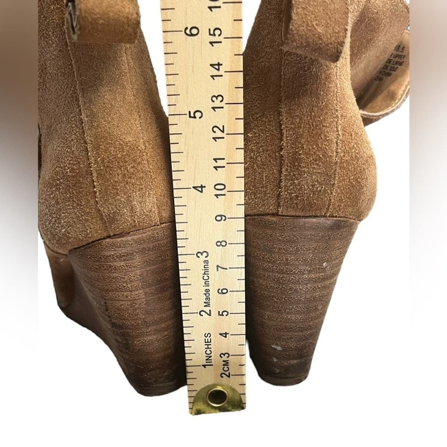 Lucky Brand Ankle Boots Womens Size 8.5 Pull On 3.25” Wedge Cognac Brown Suede  