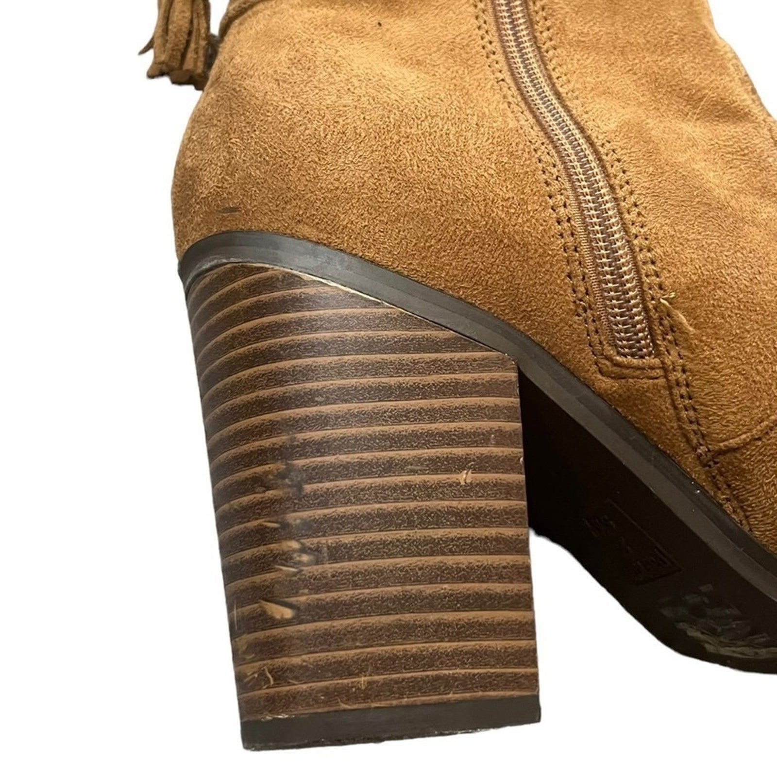 Parker & Sky Ankle Boots Size 8.5 Cognac Brown Faux Suede Block Heel 3.5” Zip