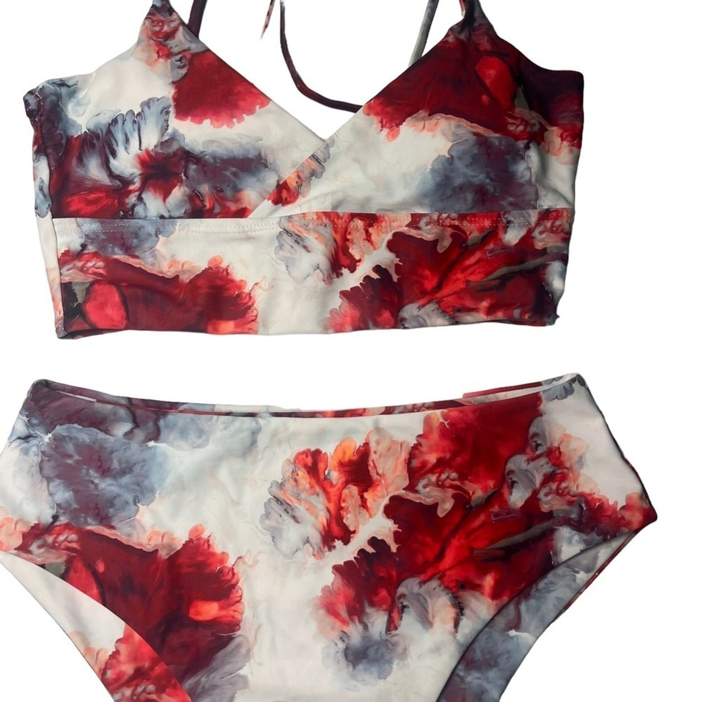 ROMWE Womens Bikini Swimsuit Size Small Red Black Tie Dye Split Thigh High