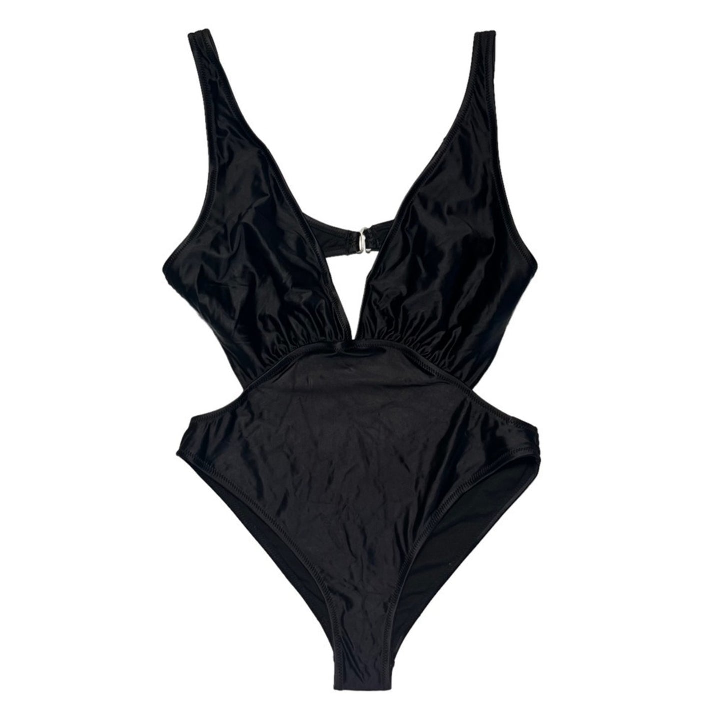 Womens Swimsuit One Piece Black Size Large Cutout Plunging Neck High Thigh