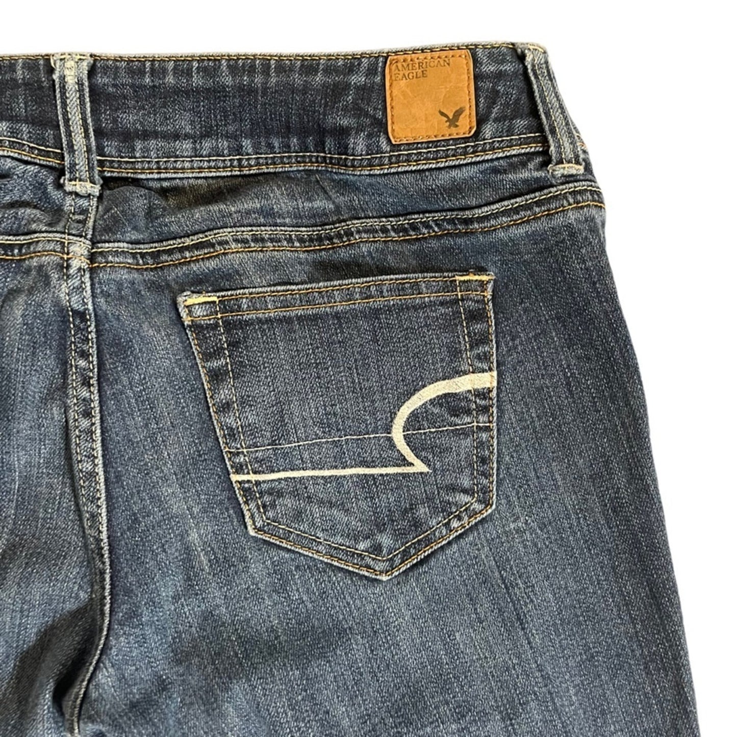 American Eagle Slim Boot Stretch Jeans Womens Size 8 Blue Dark Wash Whiskered 