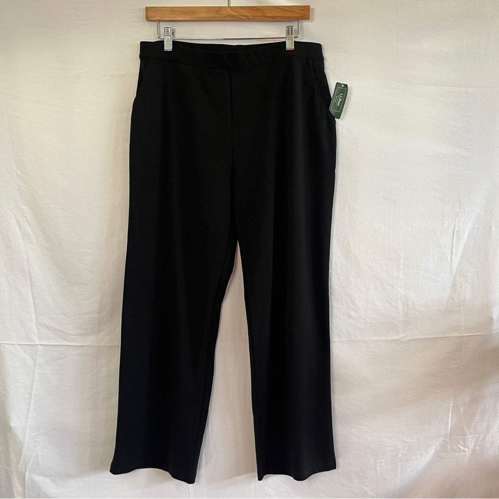 LL Bean Leisure Pants Womens Size Large Petite Black Lounge Plain Relaxed NWT