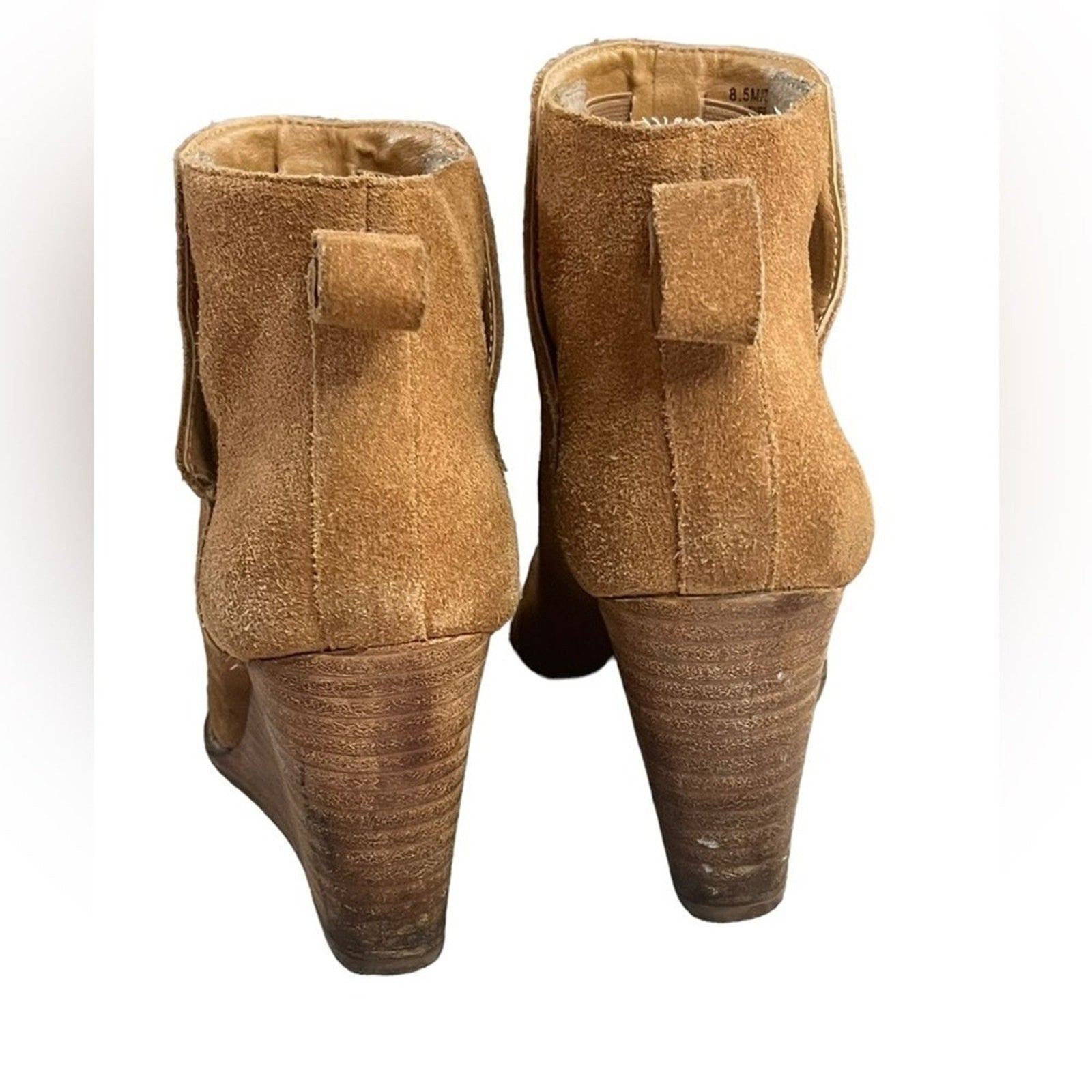 Lucky Brand Ankle Boots Womens Size 8.5 Pull On 3.25” Wedge Cognac Brown Suede  